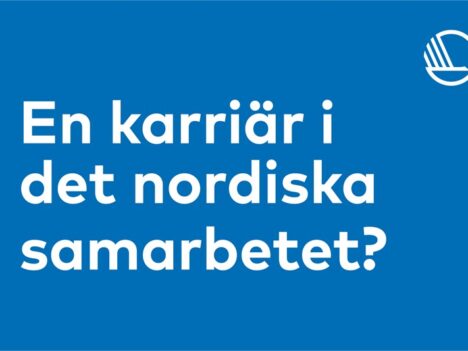 Texten "En karriär i det nordiska samarbetet?" på blå bakgrund tillsammans med den nordiska svanlogotypen.