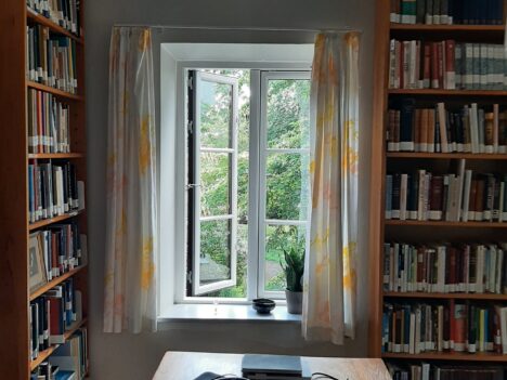 Vy från ett rum med bokhyllor mot en somrig trädgård.