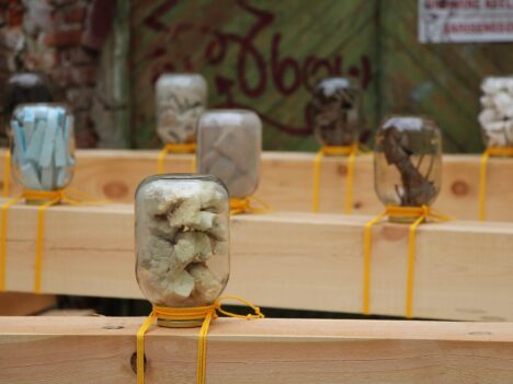 Glass jar art installation on wooden planks. 