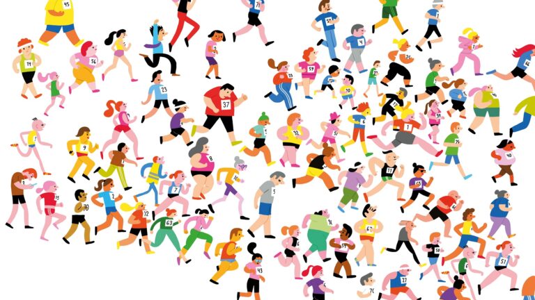 Tecknad bild där många människor springer ett lopp