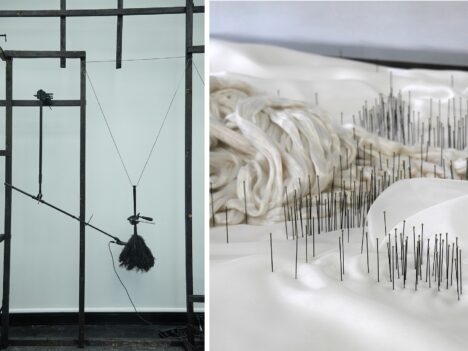 Picture of two artworks, one consisting of black wooden rods with microphones hanging down from them (The Temple of the Golden Pavilion by Kim Hankyul) and one consisting of needles in a silk cloth (Scream of the Butterfly II by Minna Kangasmaa)