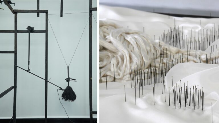 Picture of two artworks, one consisting of black wooden rods with microphones hanging down from them (The Temple of the Golden Pavilion by Kim Hankyul) and one consisting of needles in a silk cloth (Scream of the Butterfly II by Minna Kangasmaa)