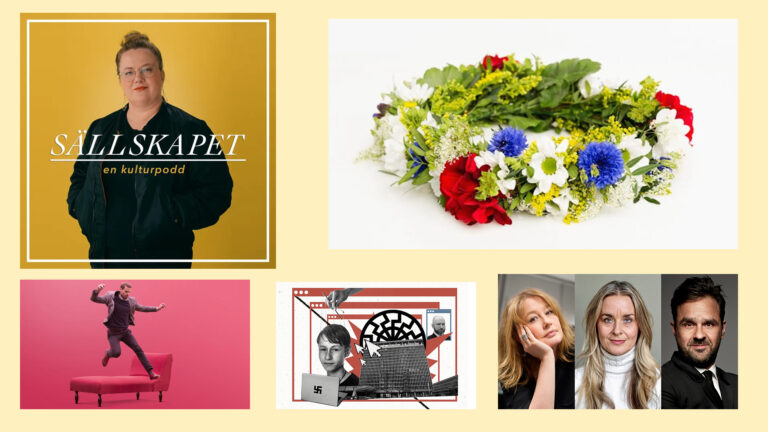 Kollage med pressbilder för de fem olika poddar som det tipsas om i artikeln.
