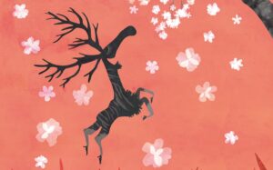 Artwork with a dancing, happy moose surrounded by white flowers on an red background.