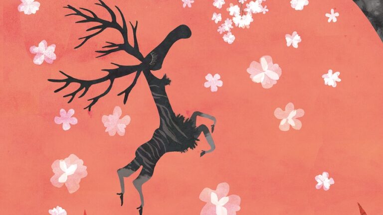 Artwork with a dancing, happy moose surrounded by white flowers on an red background.