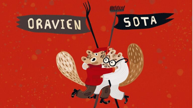 Kansikuva, Oravien sota. Kaksi piirrettyä oravaa taistelevat keskenään.