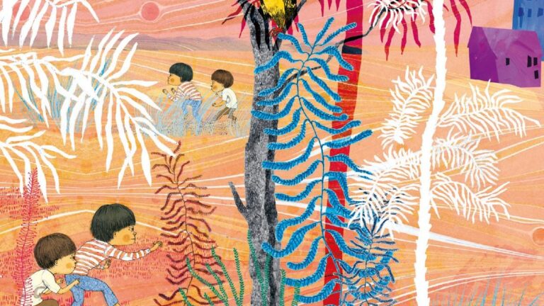 Bild ur boken "Vi är Lajon" av Jens Mattsson med illustrationen av Jenny Lucander. Två pojkar smyger omkring på en fantasisavann.