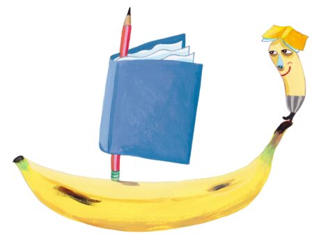 Bokbananen seglar på ett bananskepp med en bok som segel.