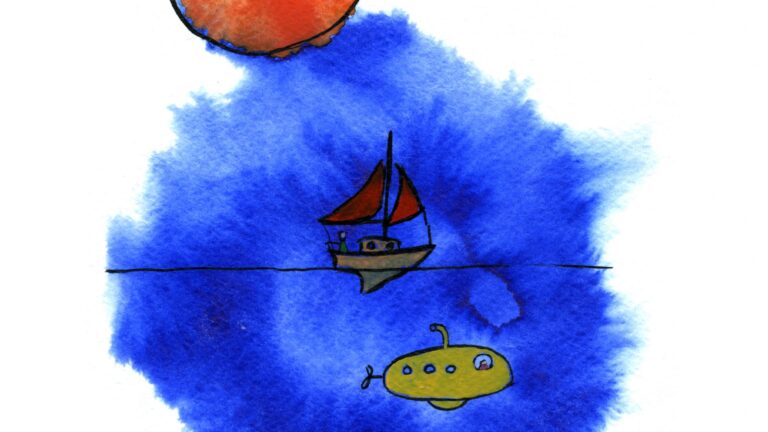 Akvarell med segelbåt och gul u-båt av Filippa Hella