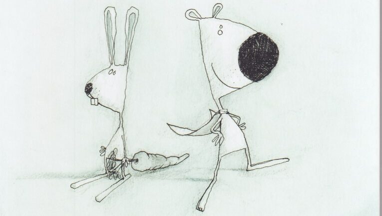 Tecknad bild med en kanin och en hund. Ur Bárður Oskarssons bilderbok "Trädet"