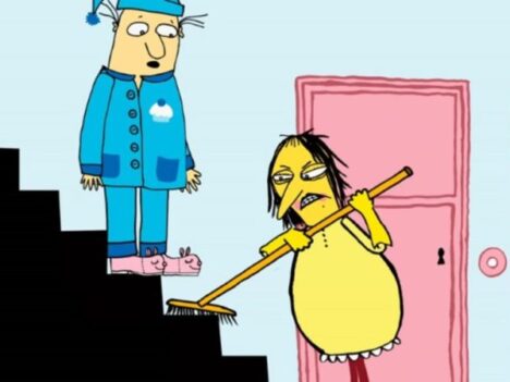 Bild ur boken "Den förträfflige herr glad" av Malin Kivelä, med illustrationer av Linda Bondestam. Herr glad står i trappan och fru Citron sopar golvet.