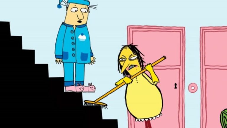 Bild ur boken "Den förträfflige herr glad" av Malin Kivelä, med illustrationer av Linda Bondestam. Herr glad står i trappan och fru Citron sopar golvet.