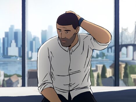 An illustration of a man sitting on a bed by a window.