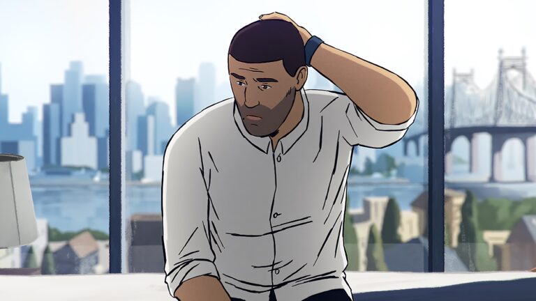 Mies istuu sängyllä ikkunan ääressä.