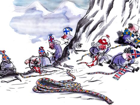 Karikatyr där de nordiska länderna har svårt att samarbeta och i stället försöker klara sig var för sig.
