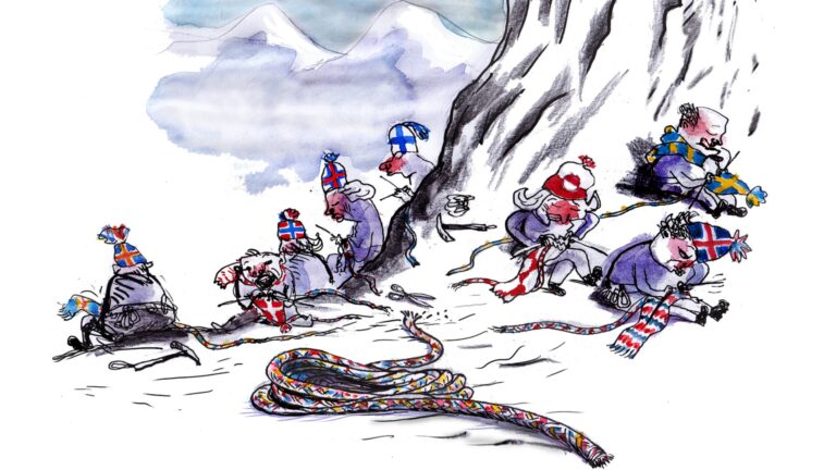 Karikatyr där de nordiska länderna har svårt att samarbeta och i stället försöker klara sig var för sig.