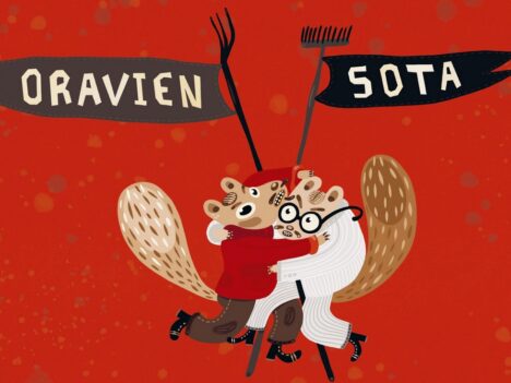 Pärmbild från boken Oravien Sota. Två tecknade ekorrar slåss med varandra.