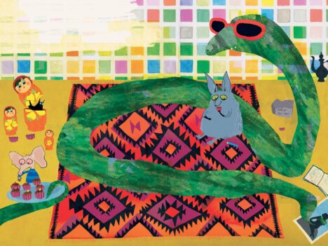 Tecknad bild av en orm med solglasögon som ligger på en matta.