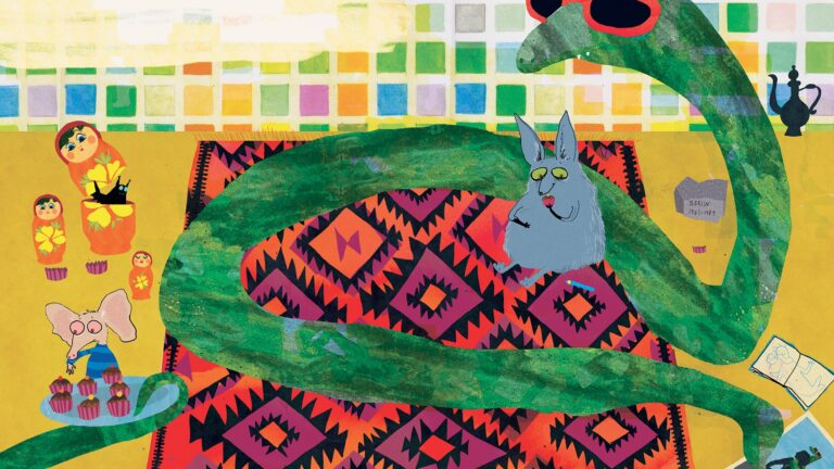 Tecknad bild av en orm med solglasögon som ligger på en matta.