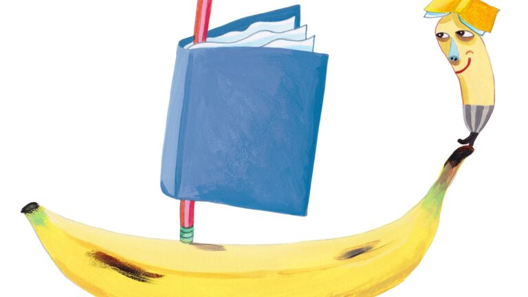 The Book Banana is sailing on a banana boat with a book as a sail.