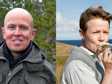 Porträtt på Simon Gripenberg i en granskog & Elin Már Øyen Vister vid en havsstrand.
