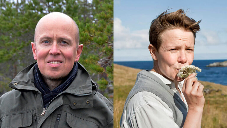 Porträtt på Simon Gripenberg i en granskog & Elin Már Øyen Vister vid en havsstrand.