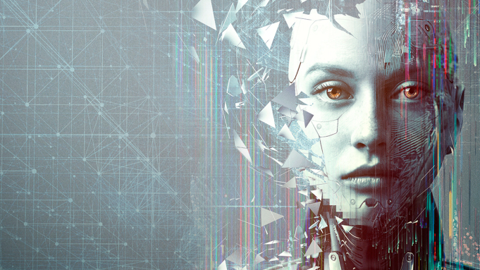 Picture of a cyborg woman, half human, half machine.