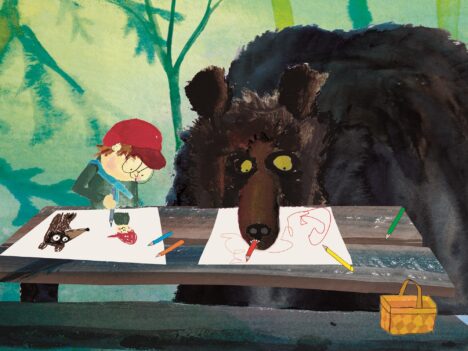 Piirretty kuva jossa poika ja karhu piirtävät yhdessä pöydän ääressä metsässä