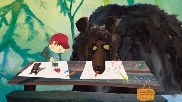 Piirretty kuva jossa poika ja karhu piirtävät yhdessä pöydän ääressä metsässä