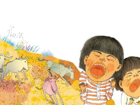 Bild ur "Vi är Lajon" Två pojkar skriker, i baggrunden en hjord med gnuer som springer.